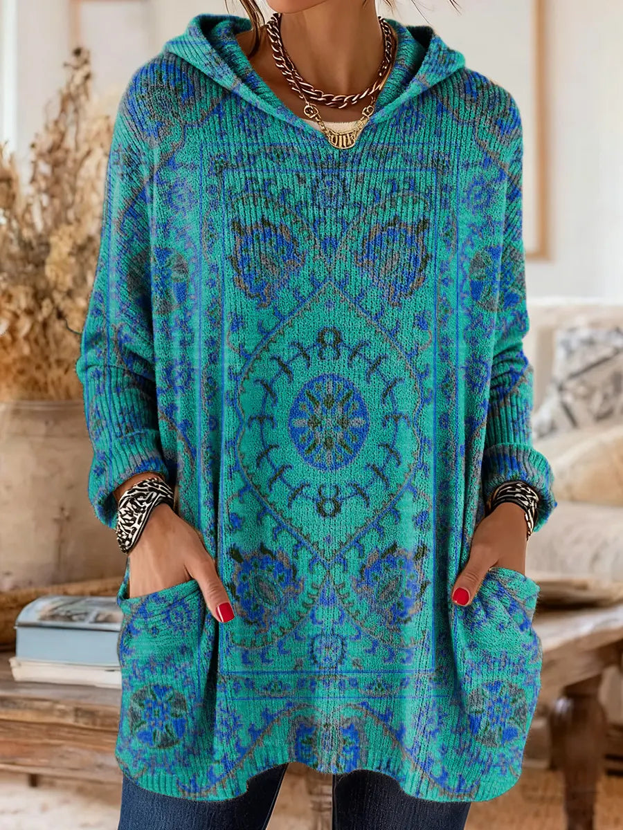Sage | Retro Ethnic Print Hooded Knit Tunic with Pockets