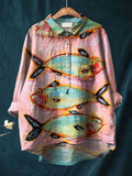 Women's Vintage Fish Art Print Casual  Shirt