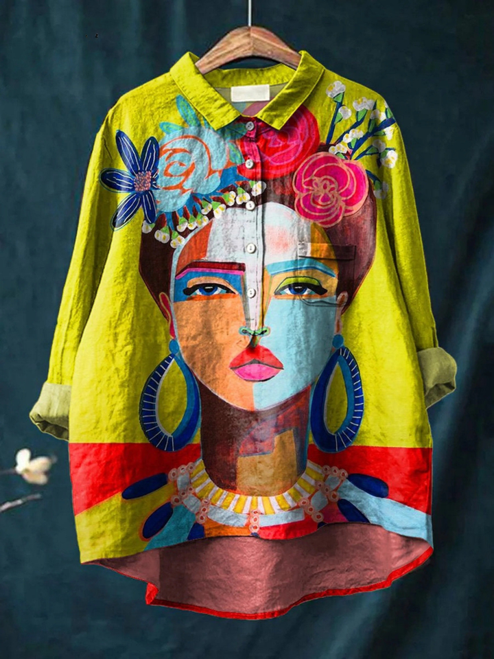 Oil Painting Freda Portrait Art Printed Women's Casual  Shirt