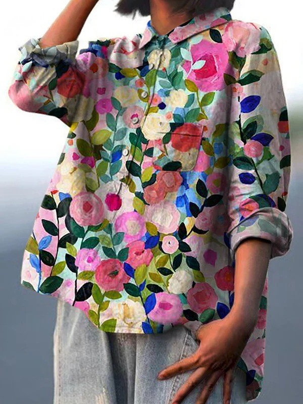 Colorful Spring Floral Garden Printed Women's Casual  Shirt