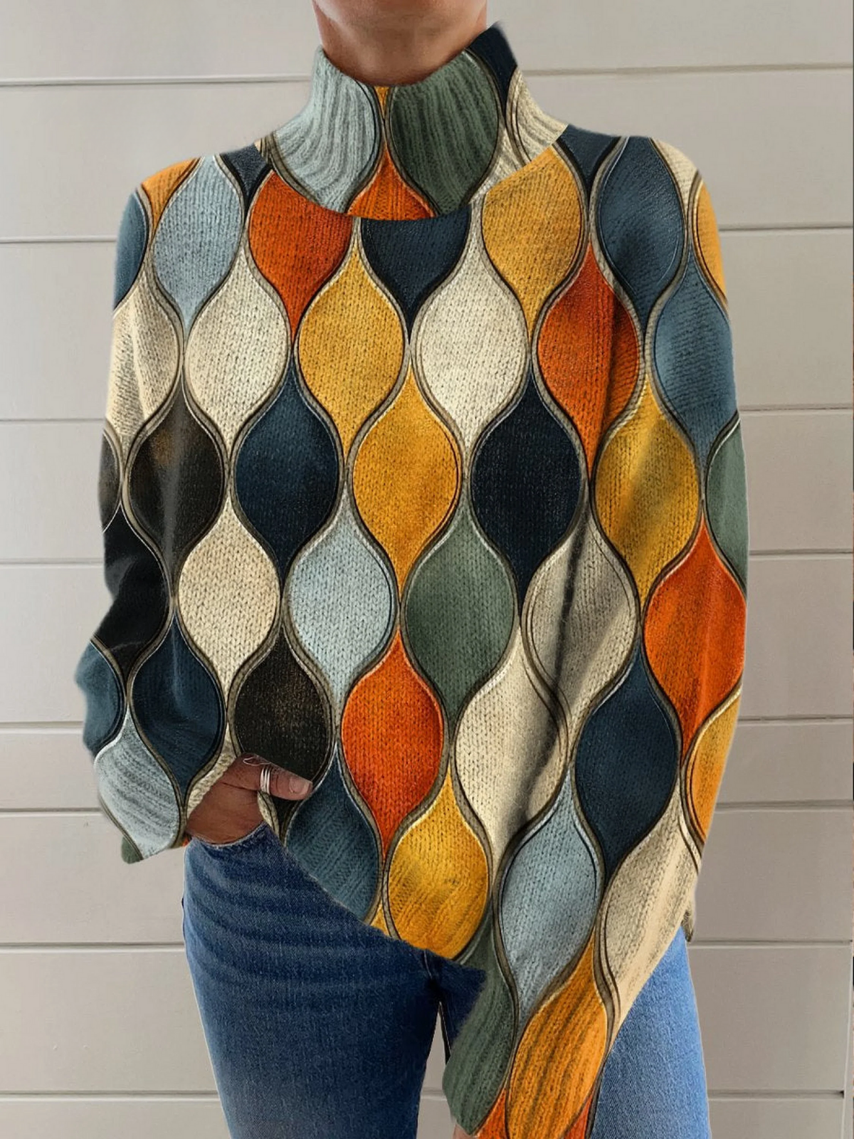 Abstract Pattern Wavy Lines and Ovals Decorative Pattern Knit Turtleneck Pullover Sweater