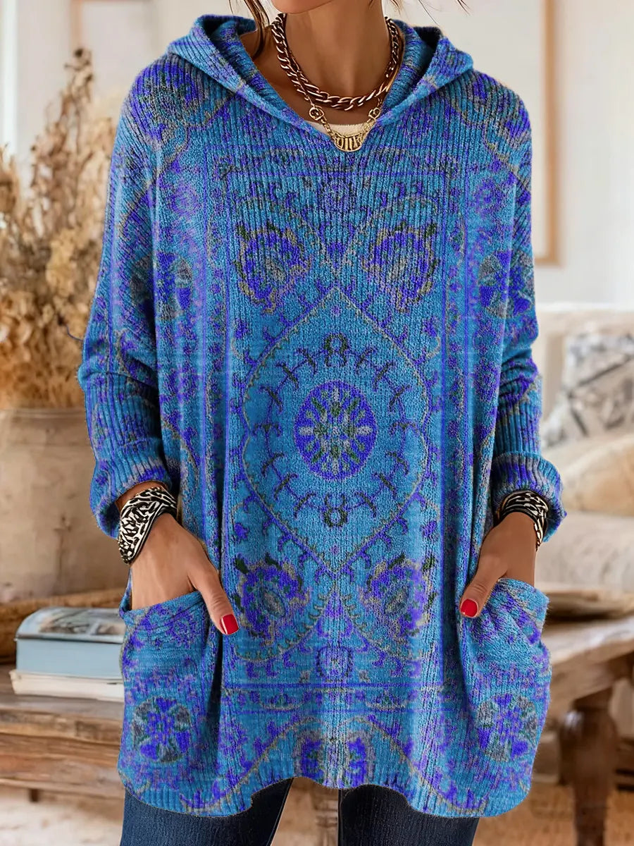 Sage | Retro Ethnic Print Hooded Knit Tunic with Pockets