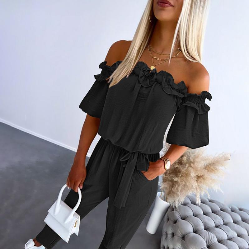 Lyvia | Chic Off Shoulder Frill Tie-Waist Jumpsuit