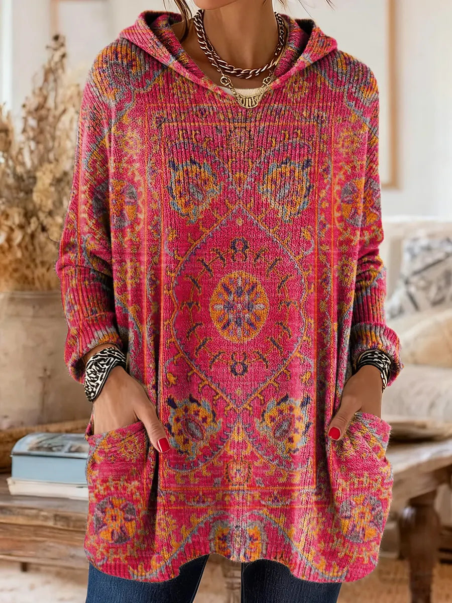 Sage | Retro Ethnic Print Hooded Knit Tunic with Pockets