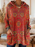 Sage | Retro Ethnic Print Hooded Knit Tunic with Pockets