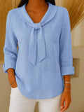Women's Solid-color V-neck Long-sleeve Casual Loose Cotton-linen Top