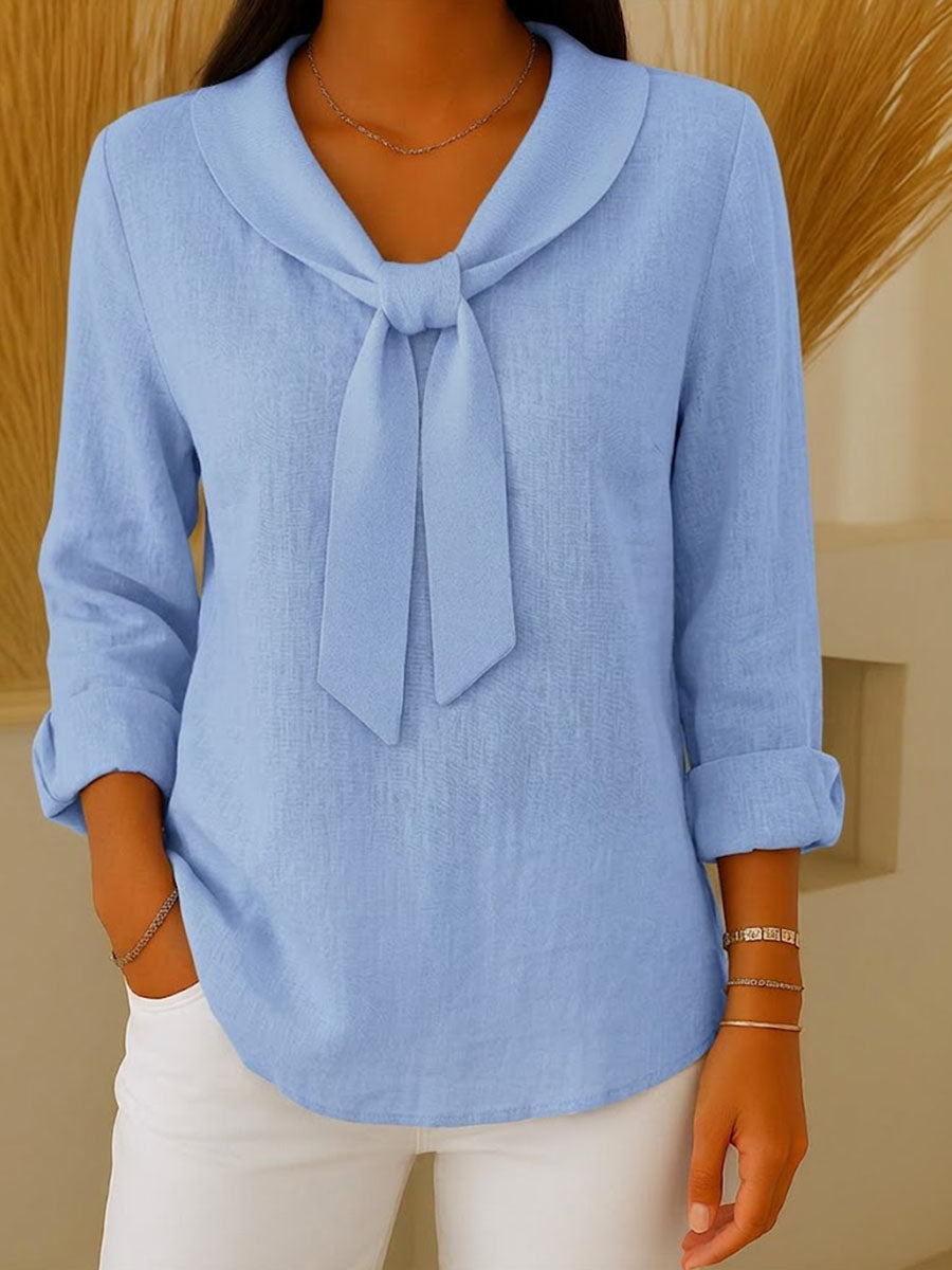 Women's Solid-color V-neck Long-sleeve Casual Loose Cotton-linen Top