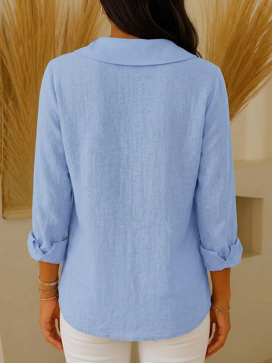 Women's Solid-color V-neck Long-sleeve Casual Loose Cotton-linen Top