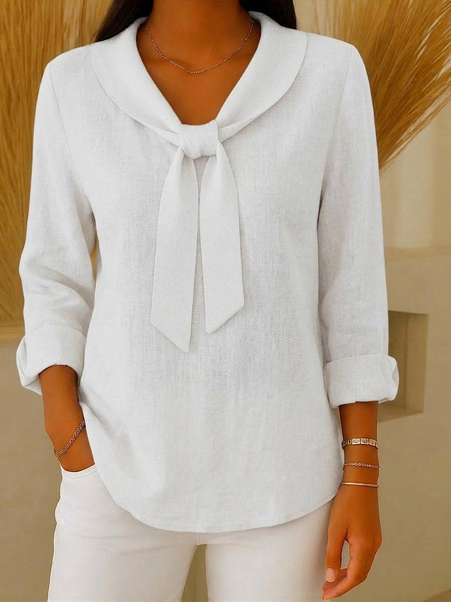 Women's Solid-color V-neck Long-sleeve Casual Loose Cotton-linen Top