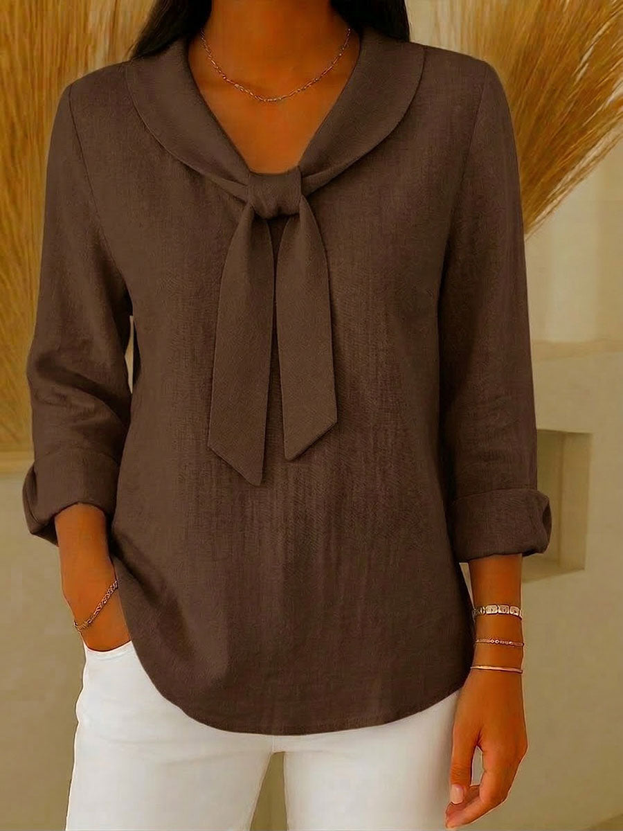 Women's Solid-color V-neck Long-sleeve Casual Loose Cotton-linen Top